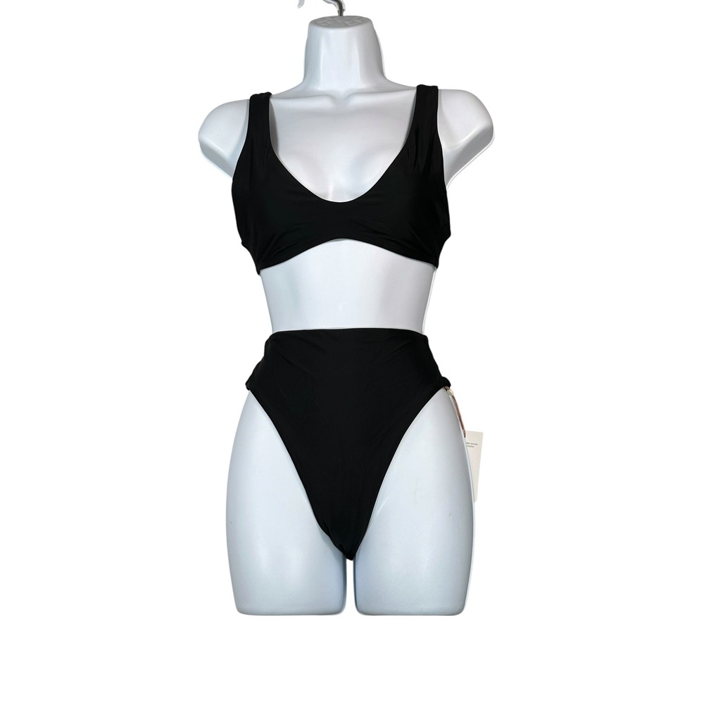NWT Quince Italian Plunge Neck High‎ Waist and High Cut Leg Bikini Small Black
